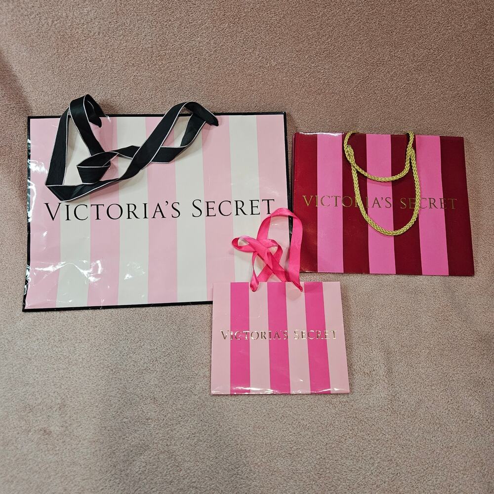 Victoria's Secret Assorted Pink & Red Striped Gift Shopping Bags Set of 3